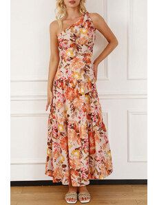 Trgomania Orange Floral Print Pleated One Shoulder High Waist Maxi Dress