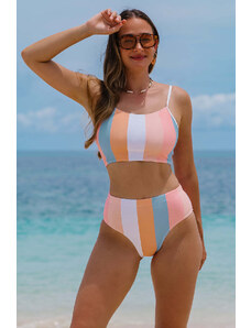 Trgomania Orange Vertical Striped High Waist Bikini Swimsuit
