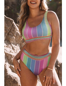 Trgomania Pink Chevron Hollowed Trim 2pcs Rainbow Stripe Bikini Swimsuit
