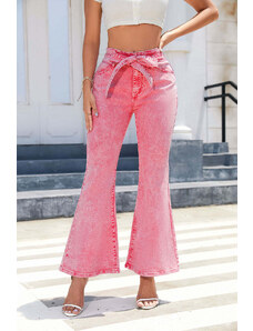 Trgomania Pink Flare Leg High Waist Front Knot Casual Jeans