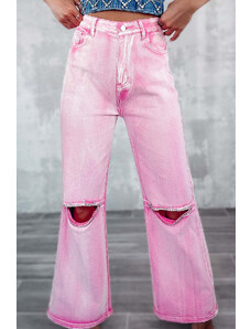 Trgomania Pink High Waist Rhinestone Cutout Wide Leg Jeans