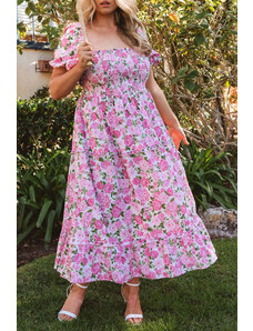 Trgomania Pink Plus Size Floral Print Smocked Puff Sleeve Dress