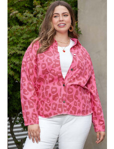 Trgomania Pink Plus Size Leopard Print Button Cuffs Raw Hem Jacket