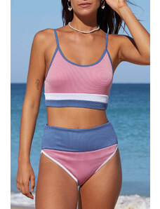 Trgomania Pink Spaghetti Straps Colorblock Ribbed High waisted swimsuits