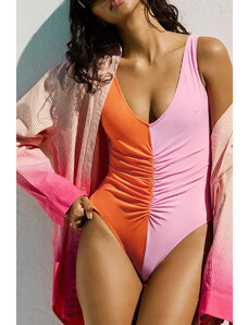 Trgomania Pink Two Tone Colorblock Pleated One Piece Swimsuit