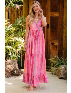 Trgomania Pink Western Printed Tassel Tie V Neck Wrap Maxi Dress