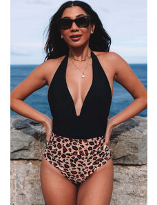 Trgomania Plunge V Neck Colorblock Leopard Bottoms One-piece Swimsuit