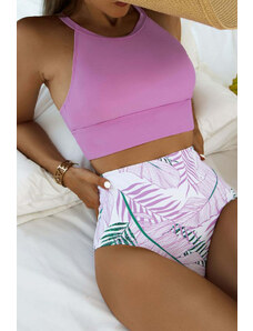 Trgomania Purple Solid Strappy Halter Bikini Printed High Waist Swimsuit