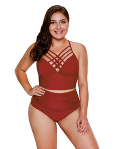 Trgomania Red Strappy Neck Detail High Waist Plus Size Swimsuit