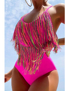 Trgomania Rose Red Colorful Tassel Hollow-out Spaghetti Strap One Piece Swimsuit