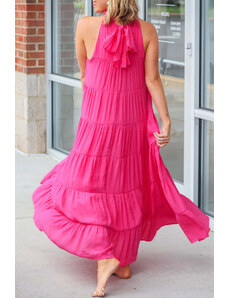 Trgomania Rose Red High Frilled Neck Tiered Sleeveless Maxi Dress