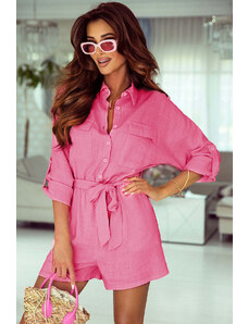 Trgomania Rose Roll Tab Sleeve Button Shirt Style Belted Romper