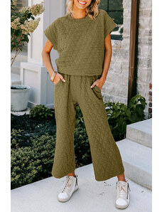 Trgomania Sage Green Quilted Short Sleeve Wide Leg Pants Set