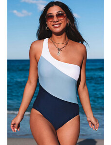 Trgomania Sky Blue Color Block One Shoulder Backless One-piece Swimwear