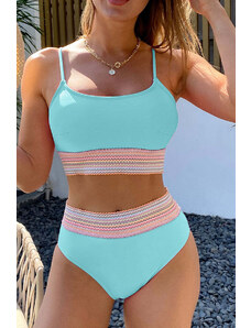 Trgomania Sky Blue Striped Patchwork Spaghetti Strap High Waist Bikini Swimsuit
