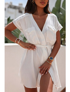 Trgomania White Flap Chest Pockets Open Front Beach Cover-up with Belt