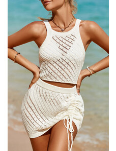Trgomania White Hollowed Crochet Cropped 2 Piece Beach Dress