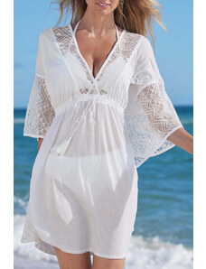 Trgomania White Lace Patch Kimono Sleeve Tassel Drawstring Beach Cover Up