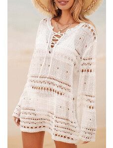Trgomania White Lace-up V Neck Hollow Out Knitted Long Sleeve Cover Up