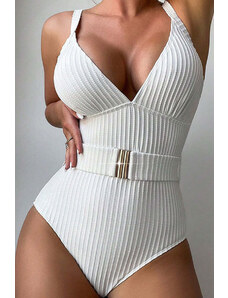 Trgomania White Ribbed Texture V Neck Cutout One Piece Swimsuit with Belt