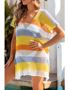 Trgomania Yellow Striped Hollow Out Knit V Neck Tunic Cover Up