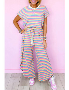Trgomania Pink Stripe Rainbow Tee Tasseled String Wide Leg Pants Set