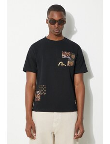 Pamučna majica Evisu Seagull Emb + Brocade Pocket za muškarce, boja: crna, s aplikacijom, 2ESHTM4TS7066