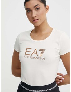 Pamučna majica EA7 Emporio Armani za žene, boja: bež