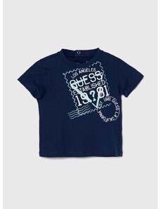 Pamučna majica kratkih rukava za bebe Guess boja: tamno plava, s tiskom