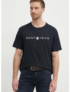 Pamučna majica Gant za muškarce, boja: crna, s tiskom