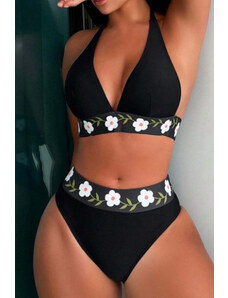 Trgomania Black Floral Banded Halter High Waisted Swimsuit