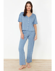 Trendyol Blue Button and Pocket Detailed Corded Knitted Pajama Set