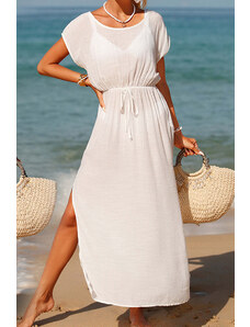 Trgomania White Flowy Drawstring Side Slit Beach Dress