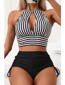 Trgomania Black Striped Halter Top Drawstring Ruched High Waisted Bikini