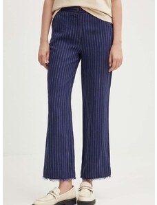 Lanene hlače Sisley boja: tamno plava, ravni kroj, visoki struk