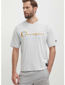 Pamučna majica Champion za muškarce, boja: siva, s aplikacijom, 219998