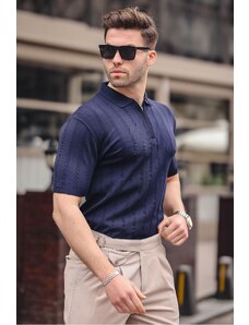 Madmext Men's Navy Blue Polo Collar Zippered T-Shirt 6355
