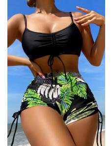 Trgomania Black Tropical Print Drawstring High Waisted Bikini Swimsuit