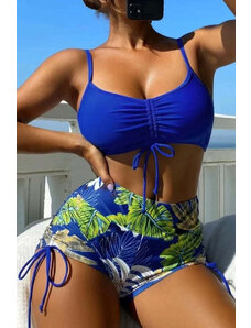 Trgomania Bluing Tropical Print Drawstring High Waisted Bikini Swimsuit
