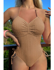 Trgomania Camel Textured Ruched Bust Drawstrings Sides One Piece Swimwear
