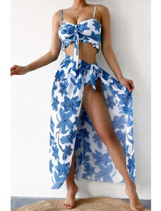 Trgomania Sky Blue 3pcs Floral Twist Front Bikini with Cover-up Swimsuit