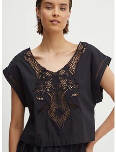 Pamučna majica Sisley za žene, boja: crna, s aplikacijom