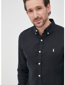 Lanena košulja Polo Ralph Lauren za muškarce, boja: tamno plava, slim, o button-down ovratnikom