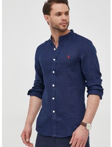 Lanena košulja Polo Ralph Lauren za muškarce, boja: tamno plava, slim, s ruskim ovratnikom