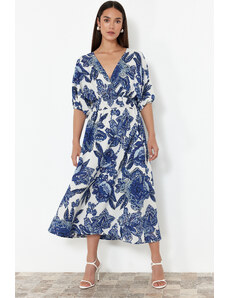 Trendyol Blue Floral A-Line Double-Breasted Midi Woven Dress