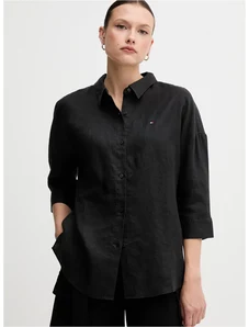 Lanena košulja Tommy Hilfiger za žene, boja: crna, relaxed, s klasičnim ovratnikom, WW0WW46169