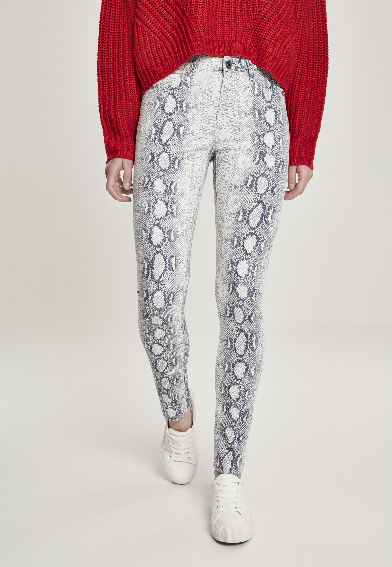 Urban Classics Ženske životinje protežu twill mršave gaćice off-white zmijske hlače