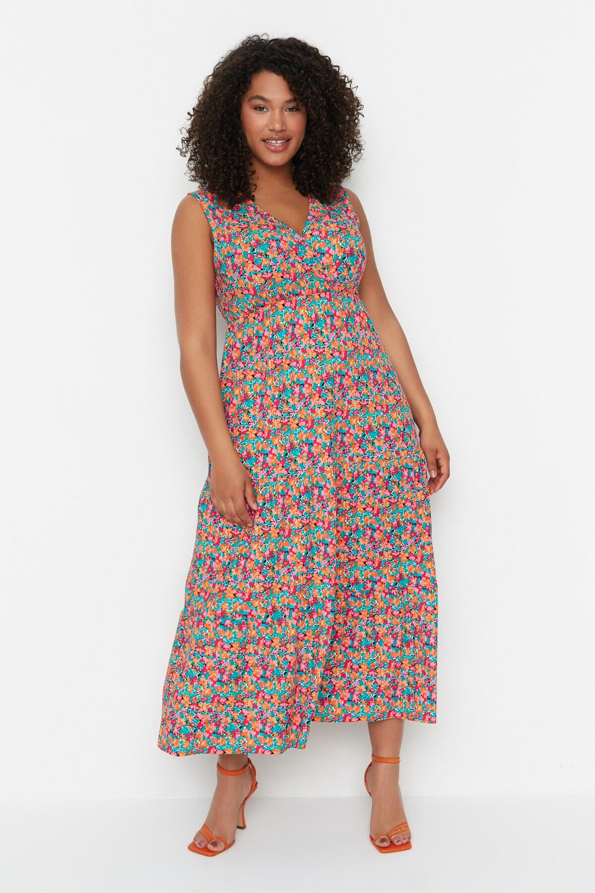 Trendyol krivulja Raznobojna A-linija cvjetni uzorak pletena haljina