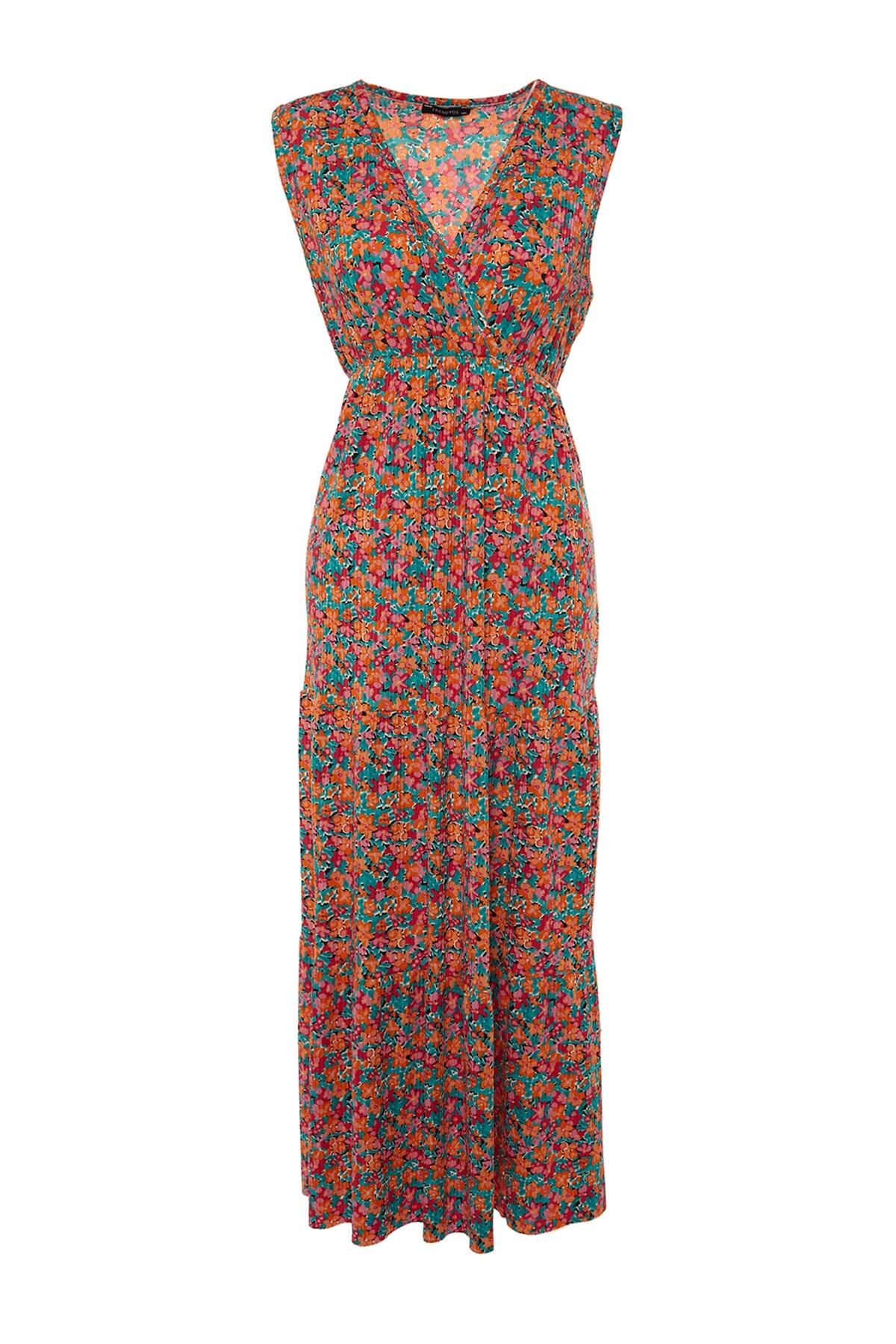 Trendyol krivulja Raznobojna A-linija cvjetni uzorak pletena haljina