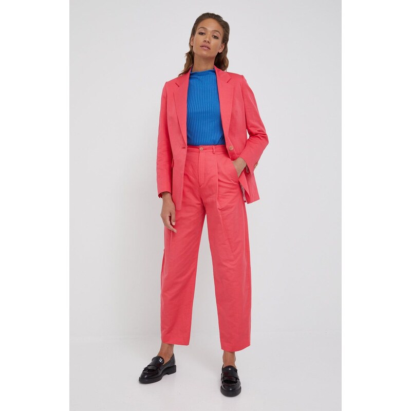 Pamučne hlače Drykorn za žene, boja: ružičasta, široke, visoki struk